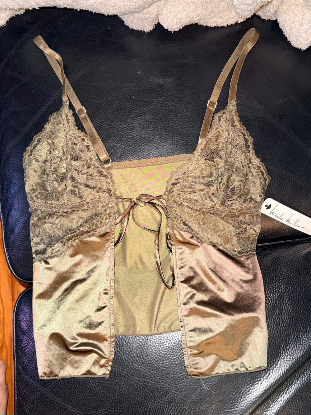 Nicole Miller Silky Stretchy Satin Lace Bralette Camisole in Olive Green